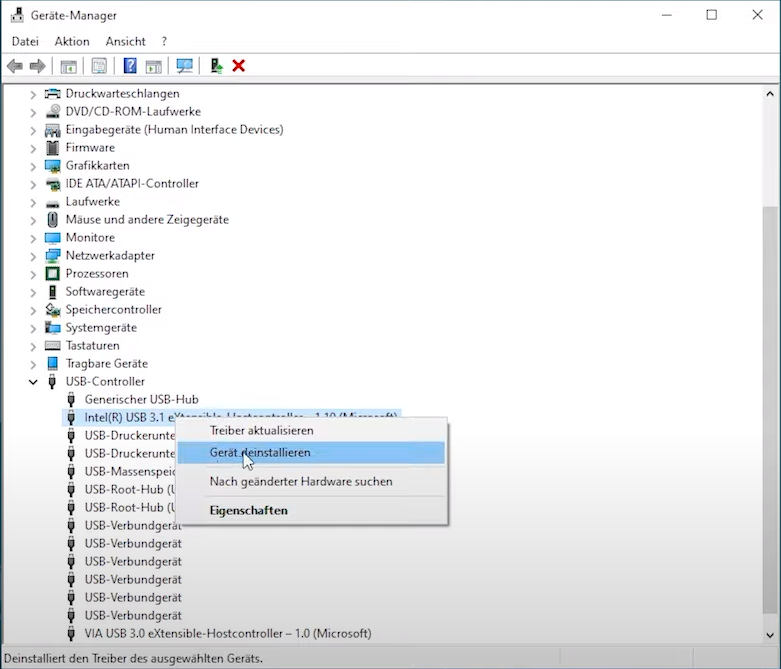 Auf Geräte-Manager "Gerät deinstallieren" für USB-Stick (Bildschirmfoto)