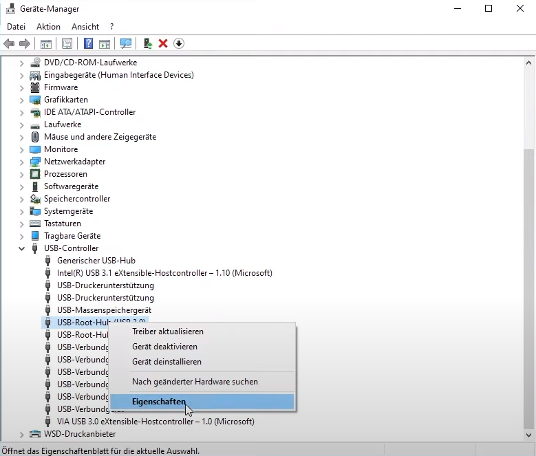 Auf „USB-Root-Hub“, die Wahl der „Eigenschaften" (Bildschirmfoto)