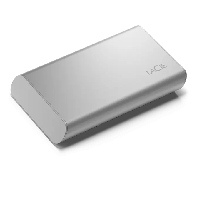 Graue LaCie externe SSD in weißem Hintergrund