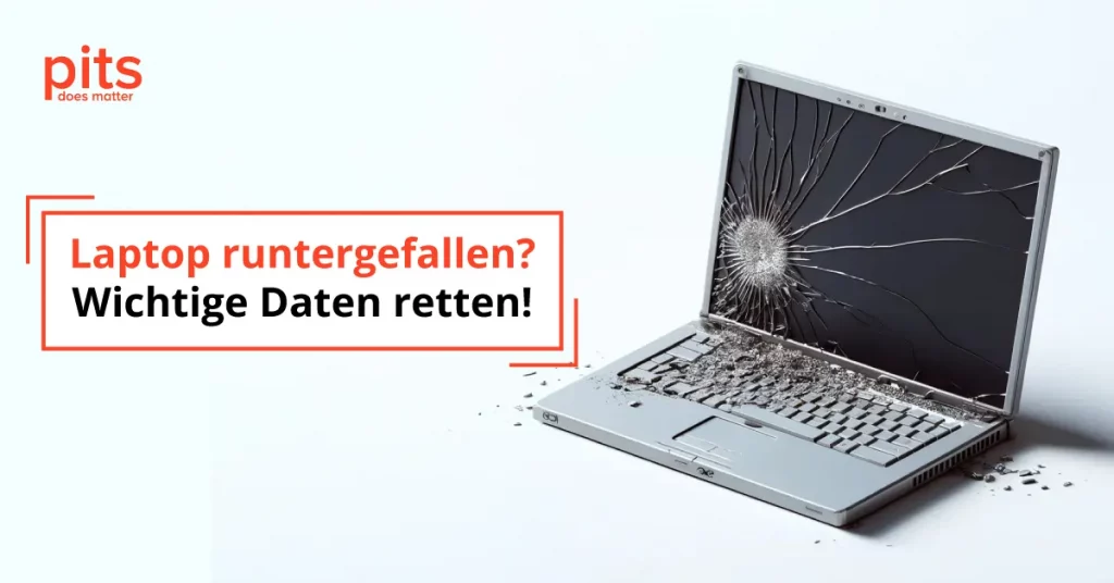 Graue beschädigter Laptop nach einem Sturz. Laptop runtergefallen? Wichtige Daten retten!