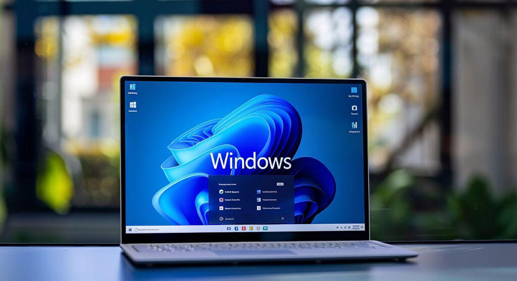 Laptop mit Windows 11-Startbildschirm.